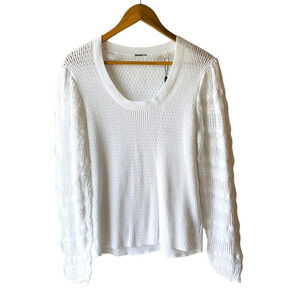 Elie Tahari Size L White Cotton Open Knit Crochet Sleeve Sweater - New